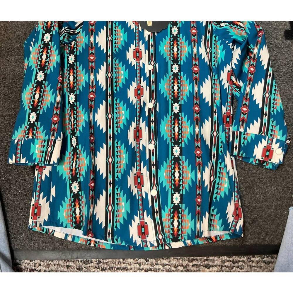 NEW STERLING KREEK women's huckleberry trail button up top in blue multi